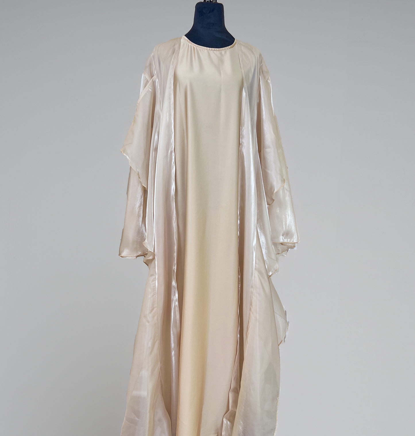 Beige Ruffle Organza Open Abaya – 3-Piece Set