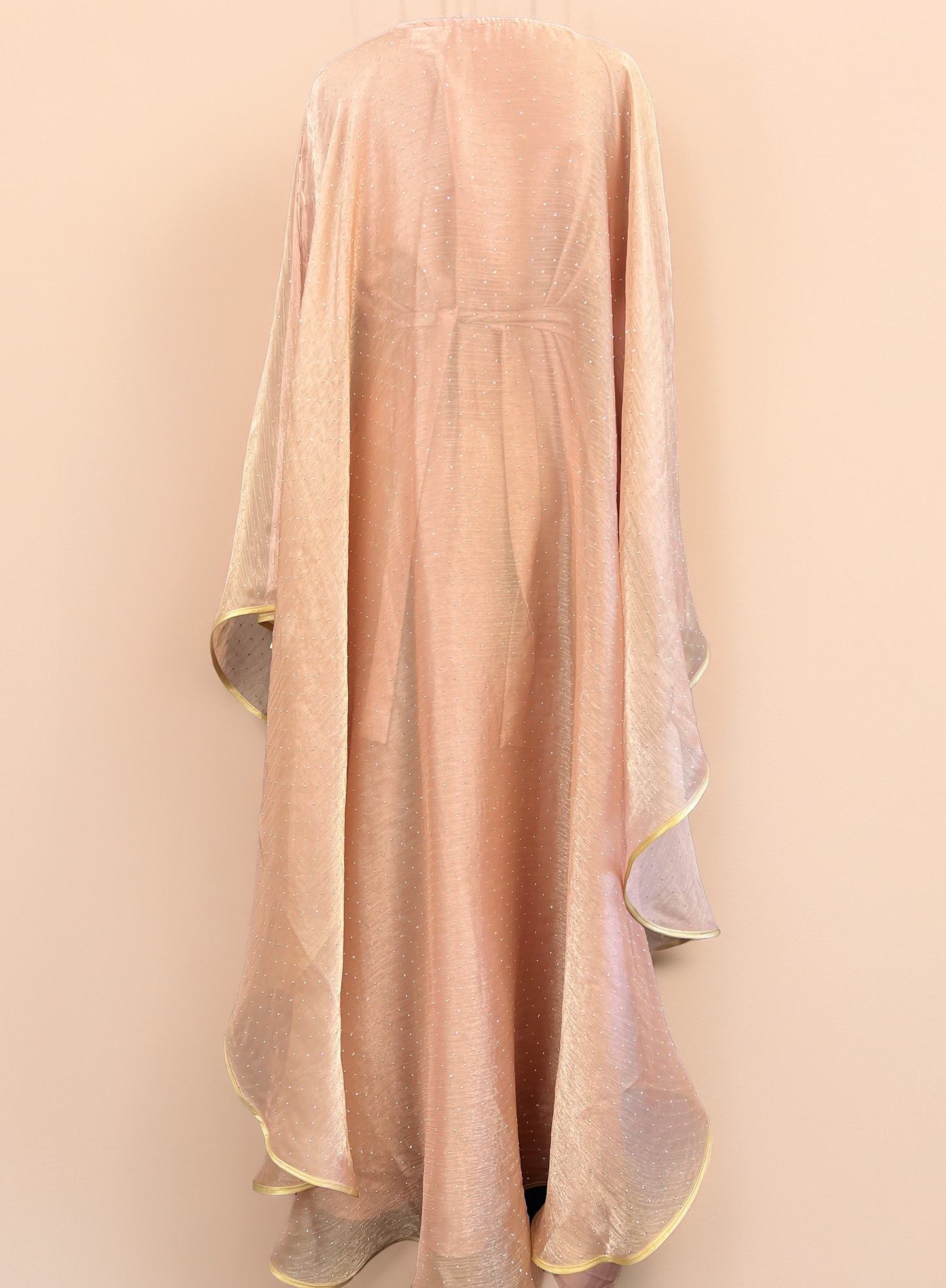Peach Glow – Shiny Organza Cape Gown