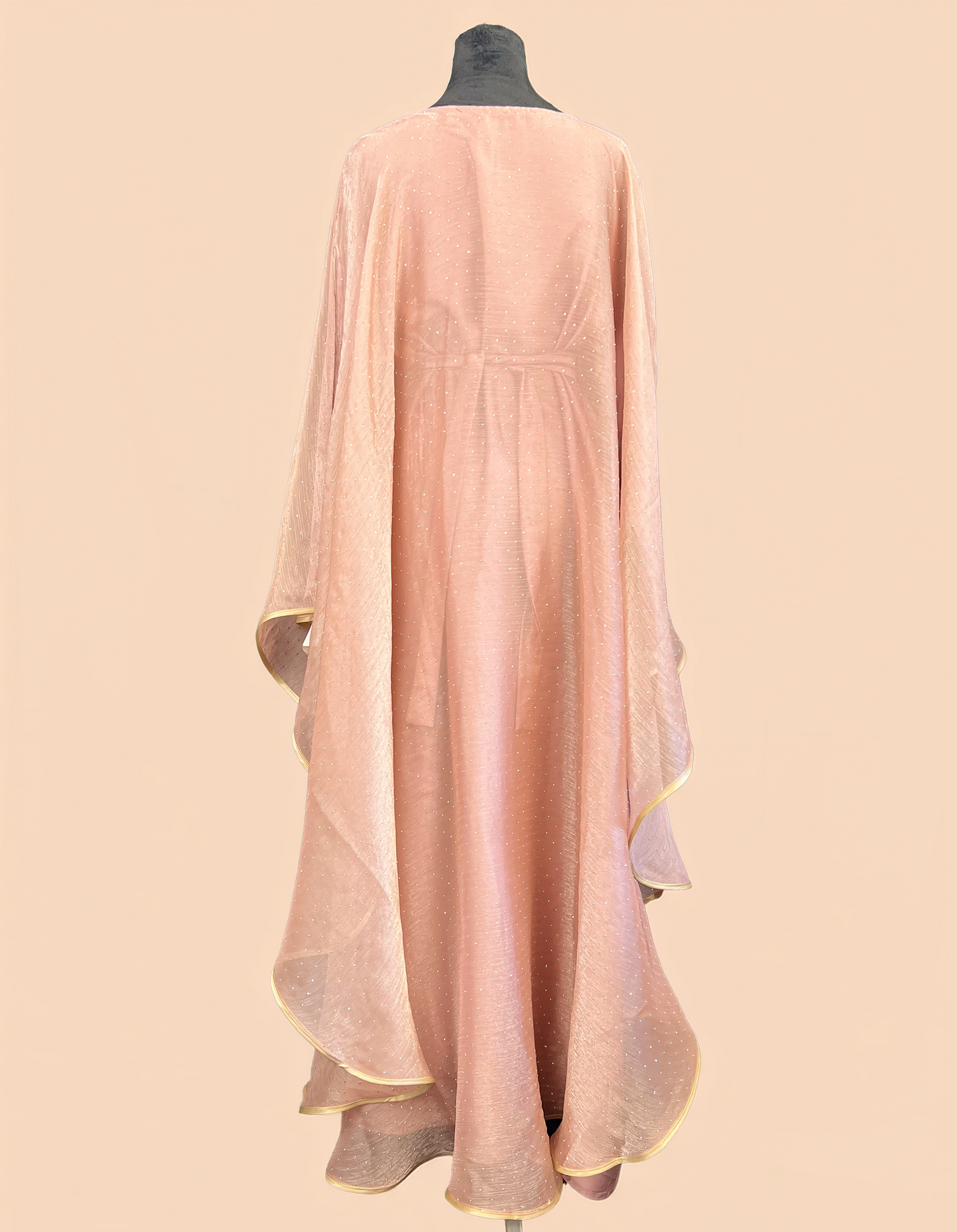 Peach Glow – Shiny Organza Cape Gown
