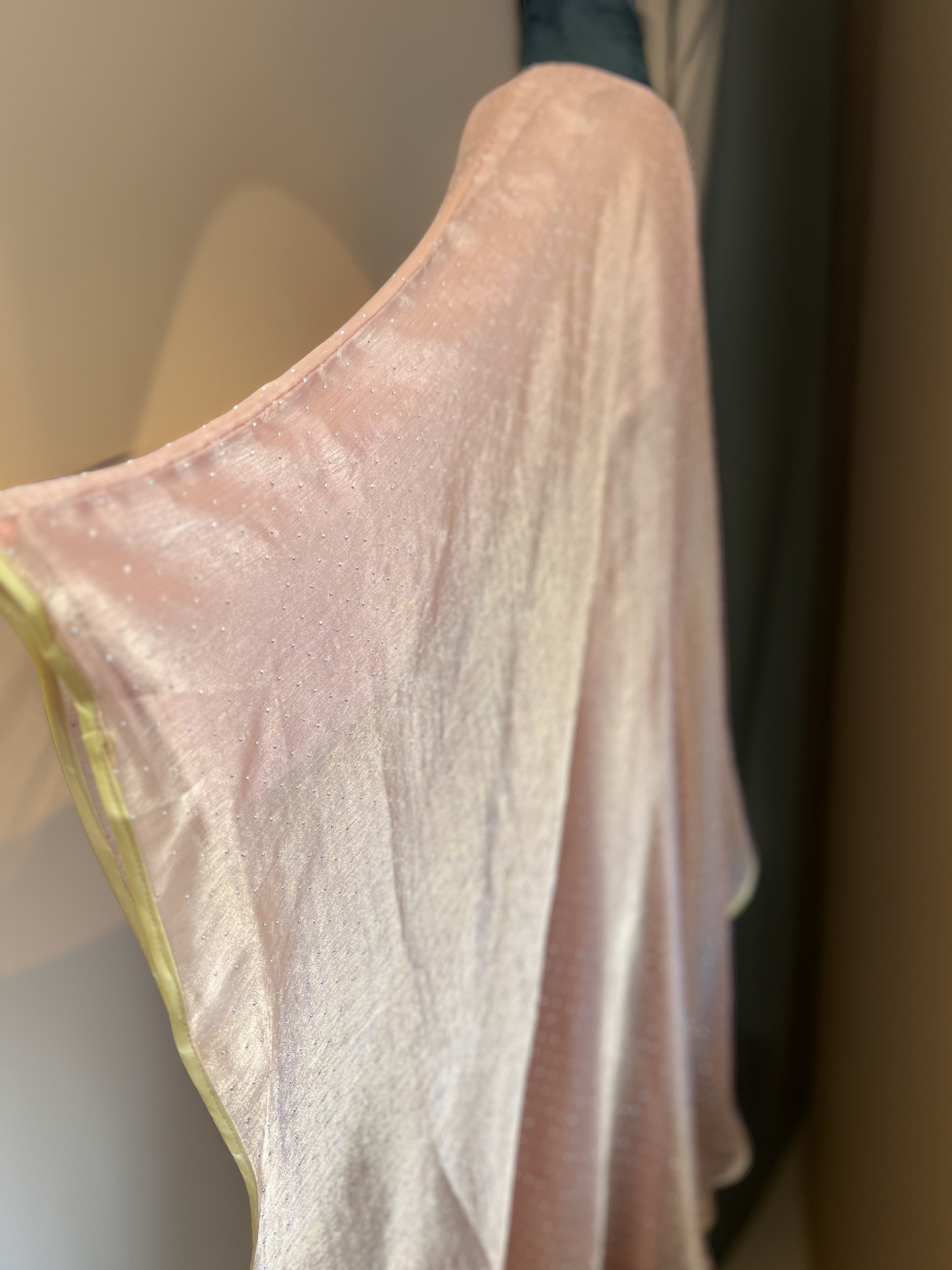 Peach Glow – Shiny Organza Cape Gown