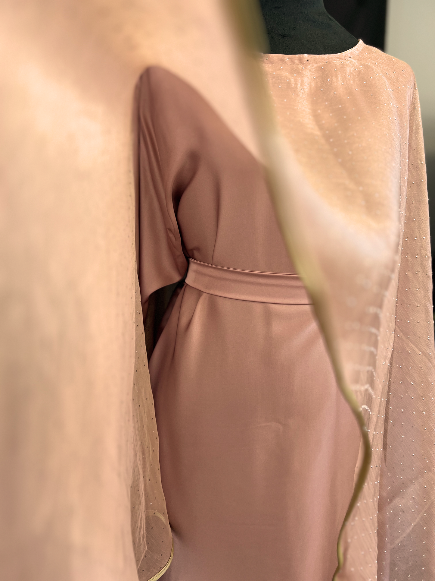 Peach Glow – Shiny Organza Cape Gown