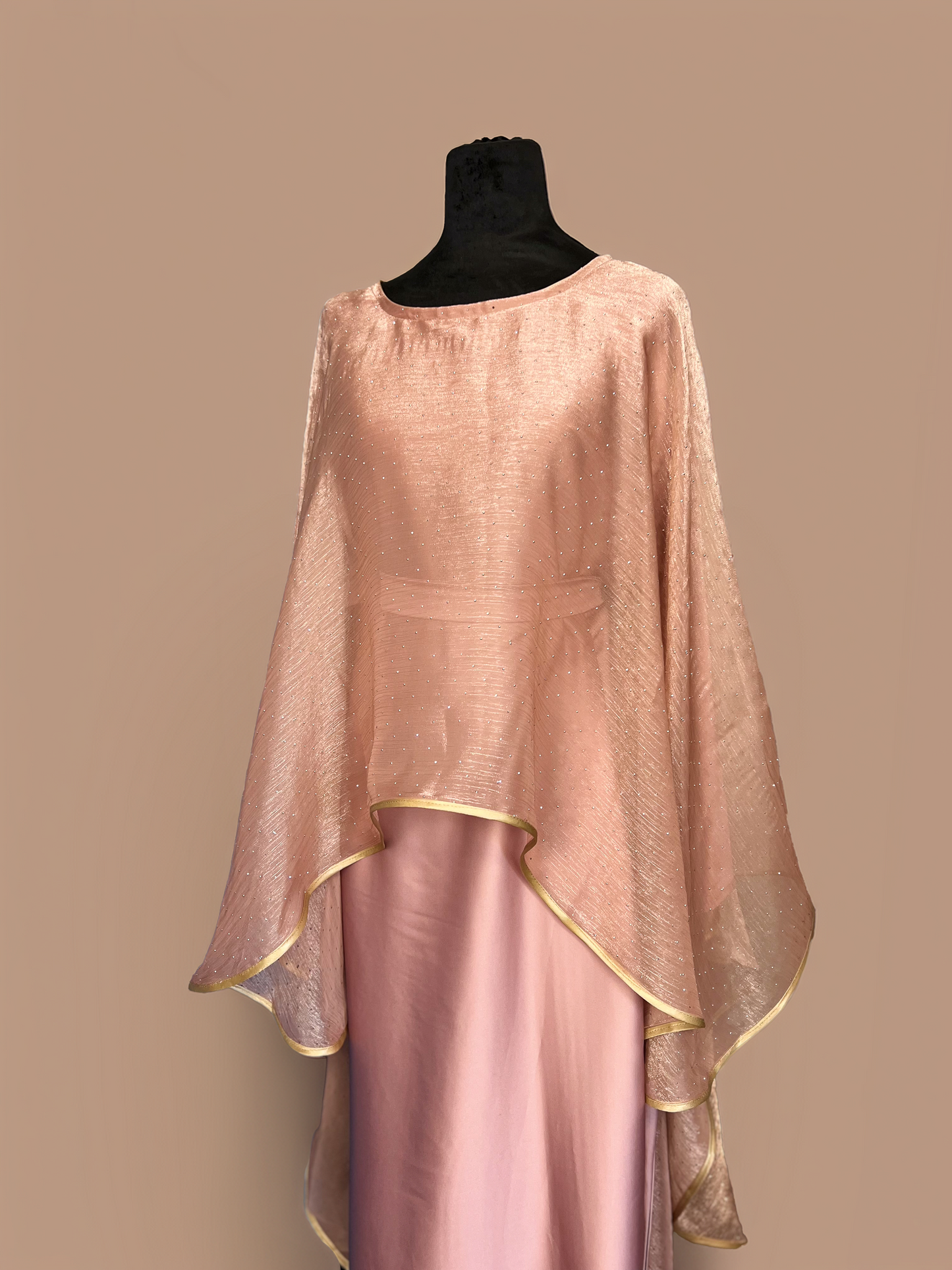 Peach Glow – Shiny Organza Cape Gown