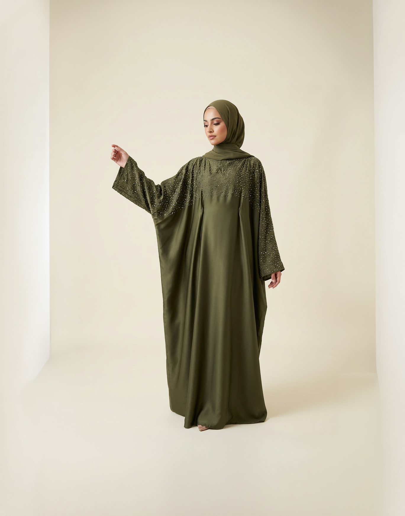 Olive Green Embellished Kaftan Abaya