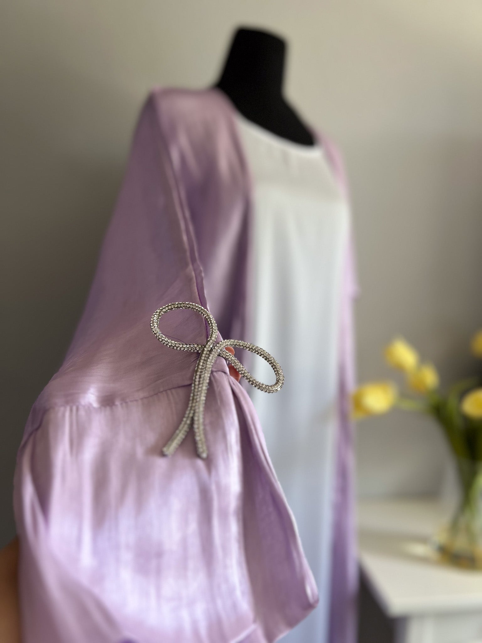 Lavender Shimmer Abaya Set with Crystal Bow Detail