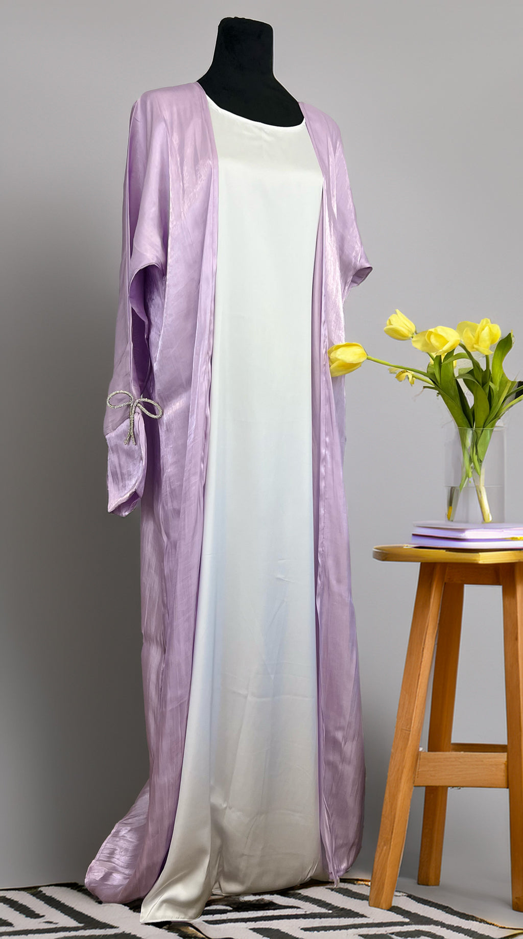 Lavender Shimmer Abaya Set with Crystal Bow Detail