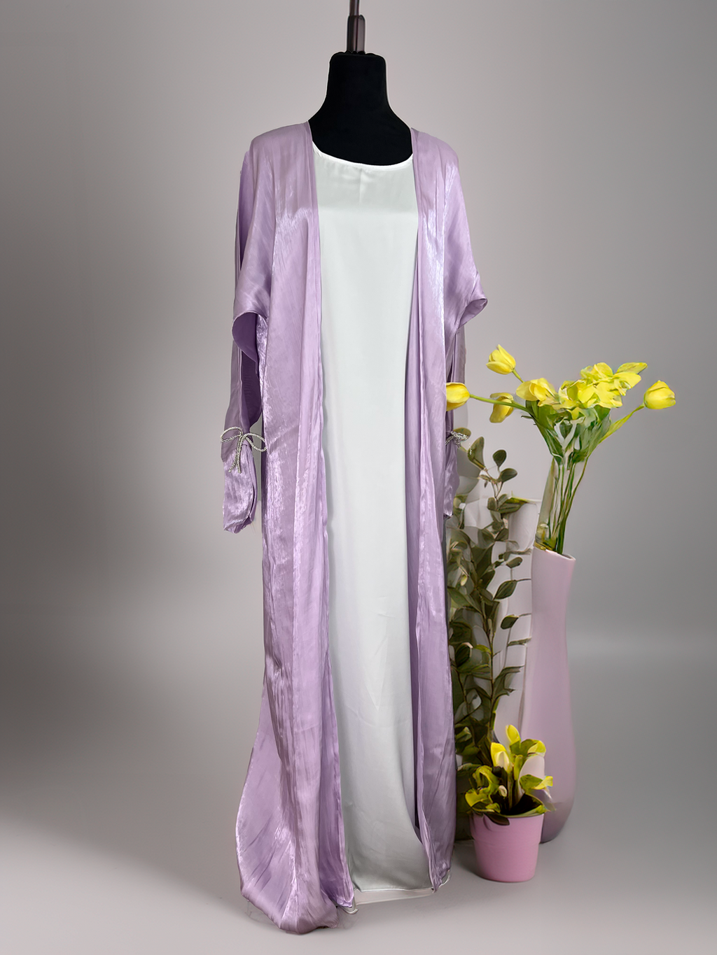 Lavender Shimmer Abaya Set with Crystal Bow Detail