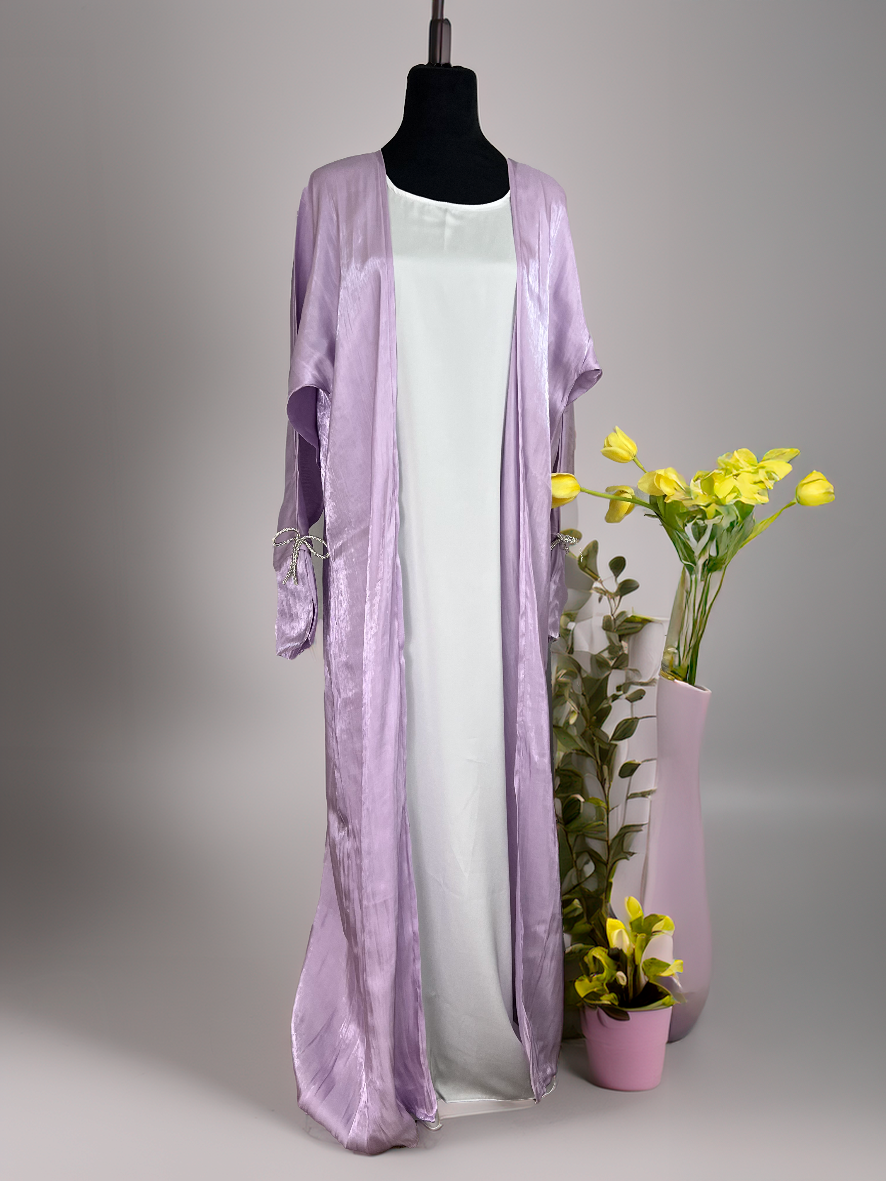 Lavender Shimmer Abaya Set with Crystal Bow Detail
