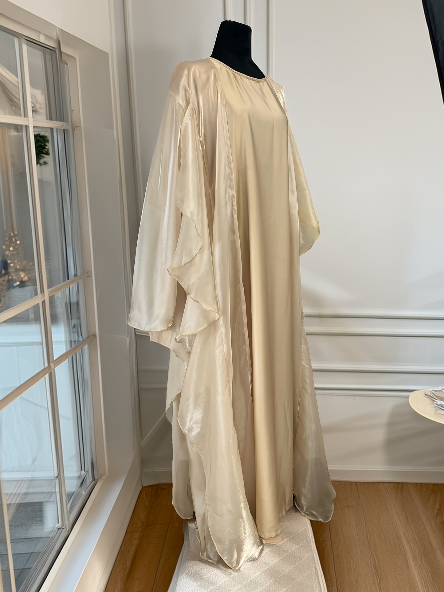 Beige Ruffle Organza Open Abaya – 3-Piece Set