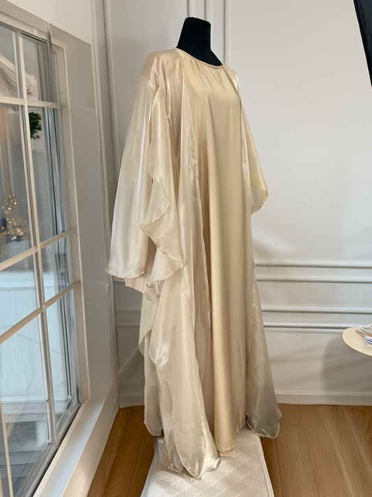 Beige Ruffle Organza Open Abaya – 3-Piece Set