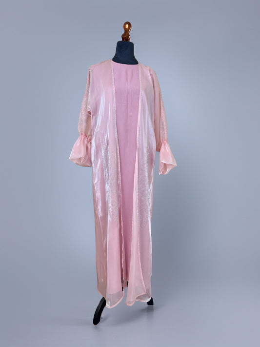 Rosé Radiance – 3-Piece Pink Organza Abaya Set