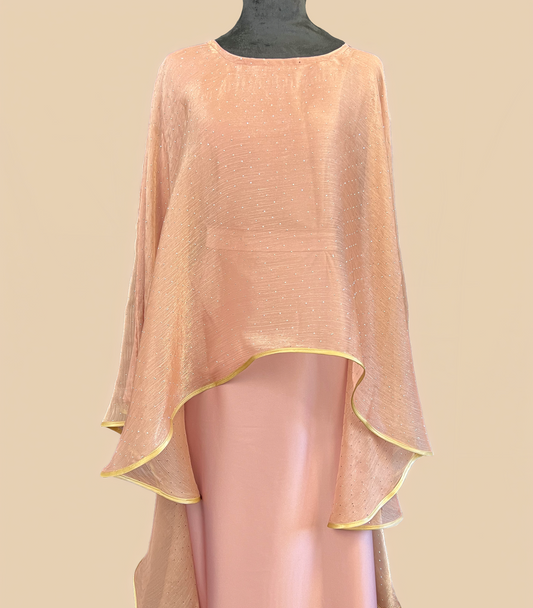 Peach Glow – Shiny Organza Cape Gown
