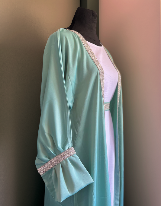 Emerald Grace – 4-Piece Satin Open Abaya Set