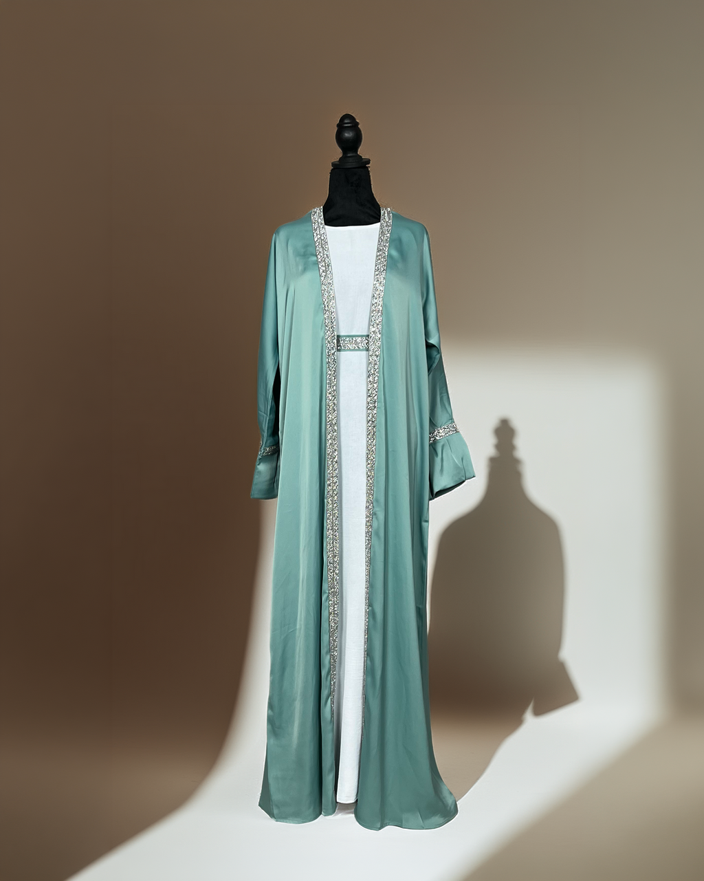 Satin Open Abaya with Embellished Trim