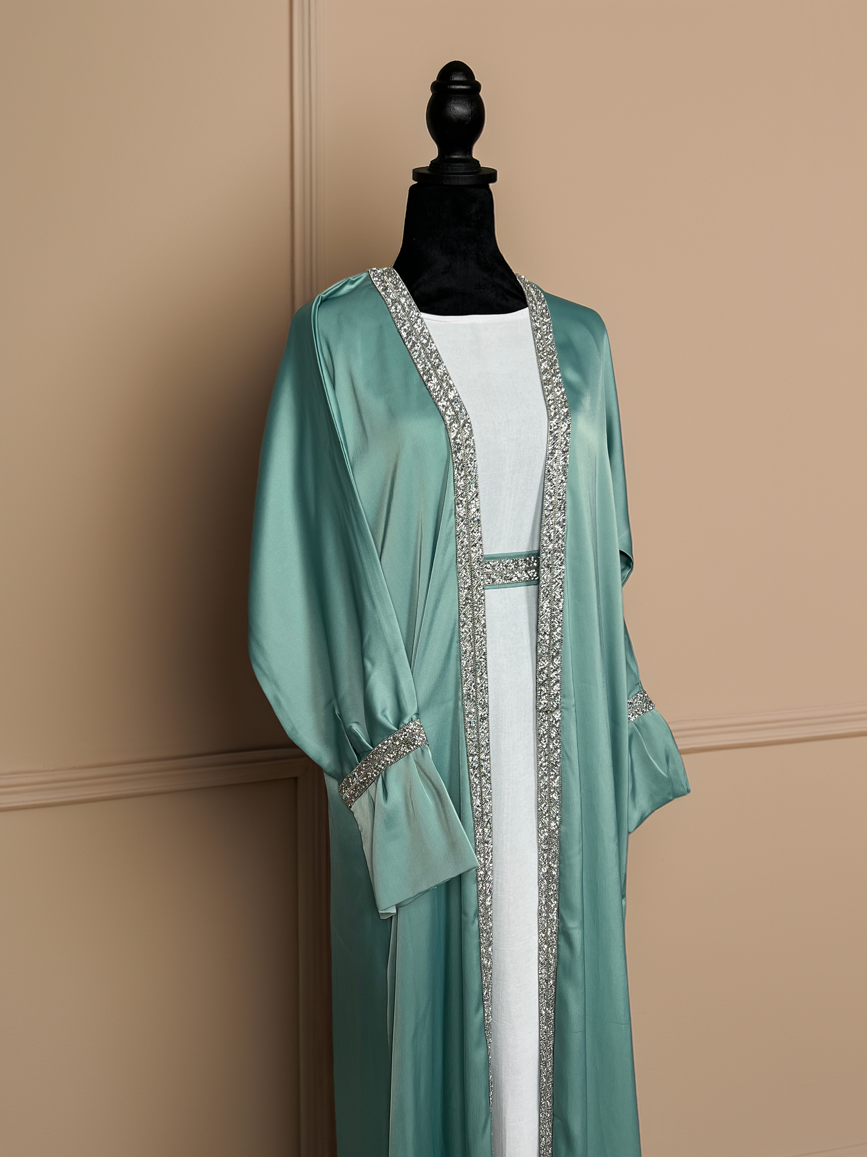 Satin Open Abaya with Embellished Trim