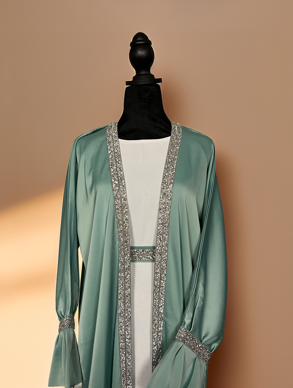 Satin Open Abaya with Embellished Trim