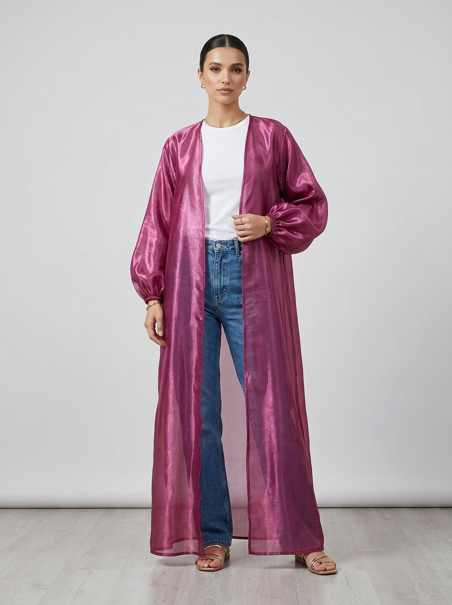 Plum Shiny Organza Open Front Abaya with Balloon Sleeves