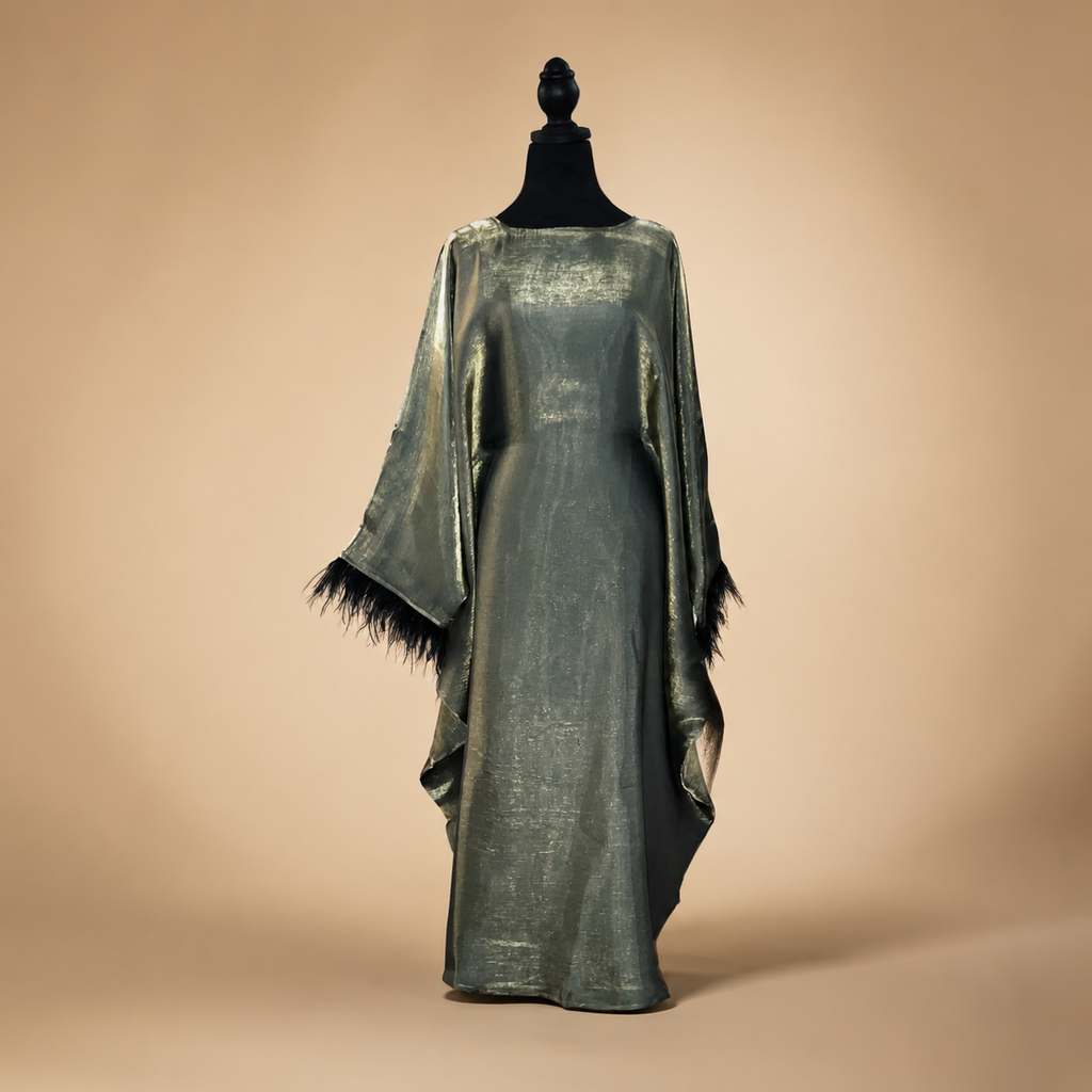 Sage Shimmer Feather Cuff Kaftan Set