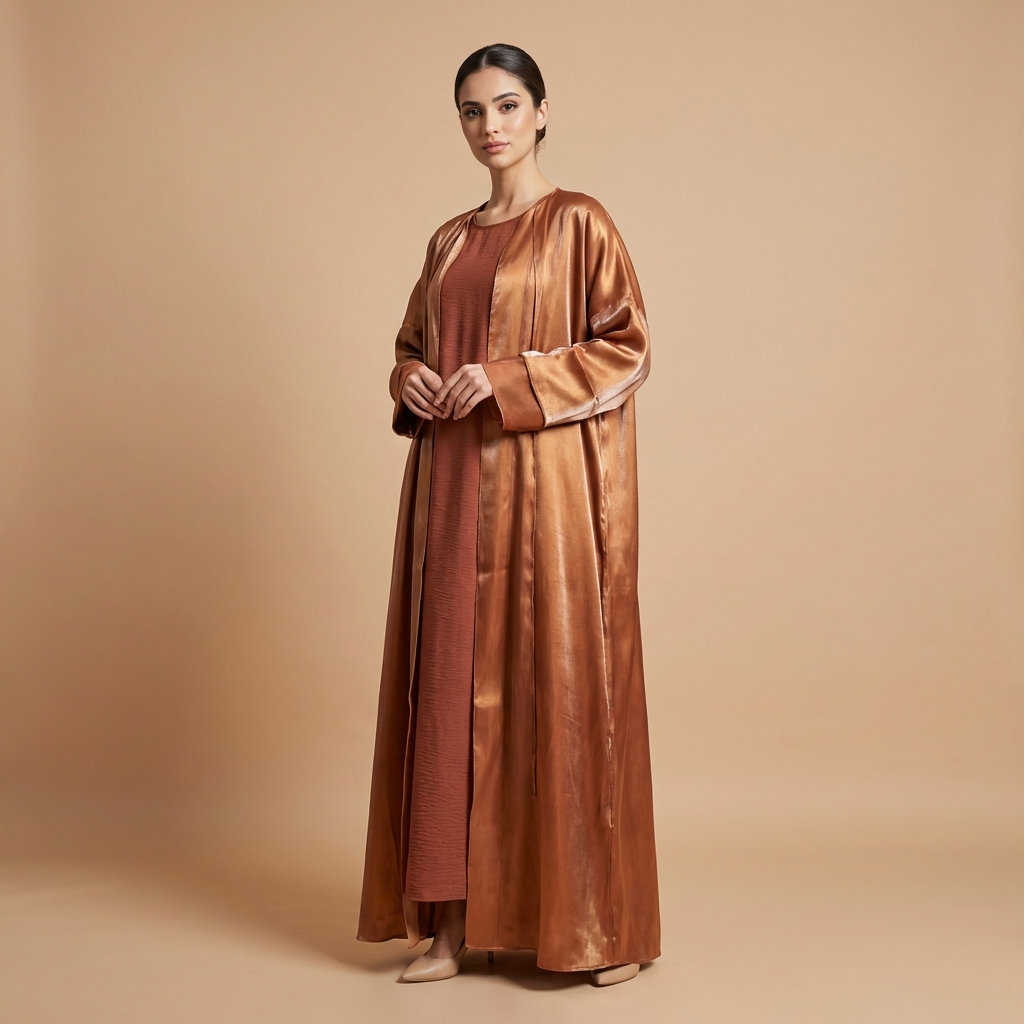 Double Layered Copper Organza Open Abaya Set
