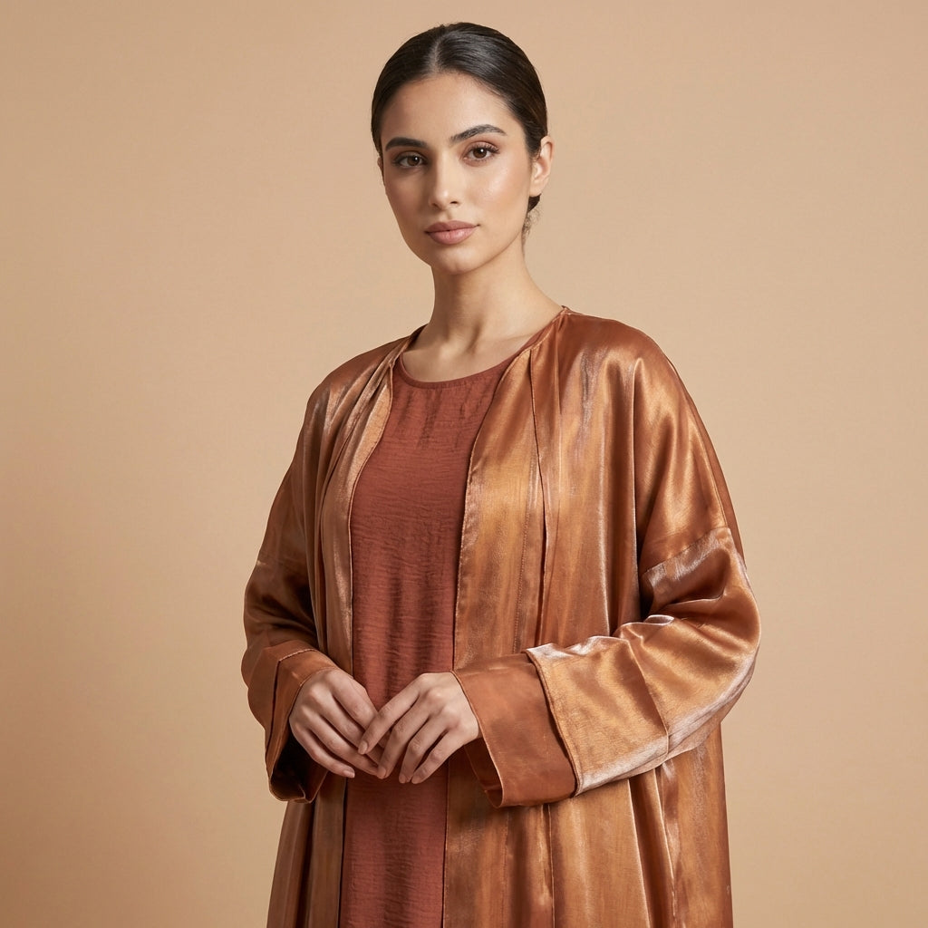 Double Layered Copper Organza Open Abaya Set