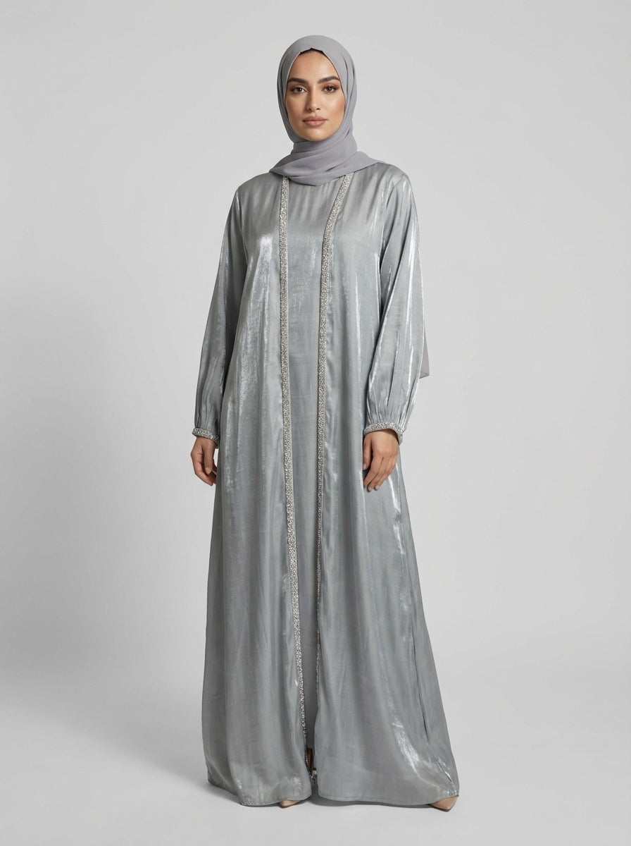 Silver Mist Crystal-Trim Abaya