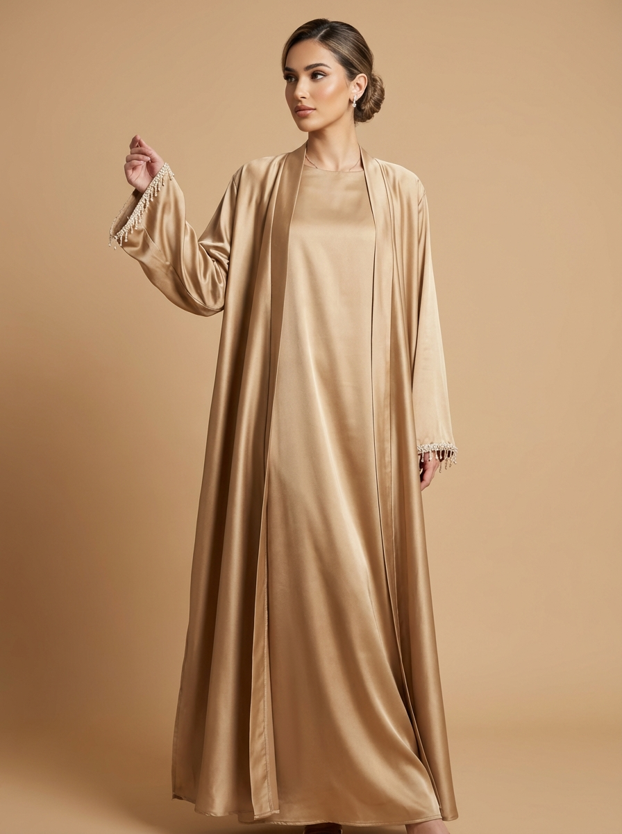Champagne Gold Satin Open-Front Abaya – Lace Cuff Detail