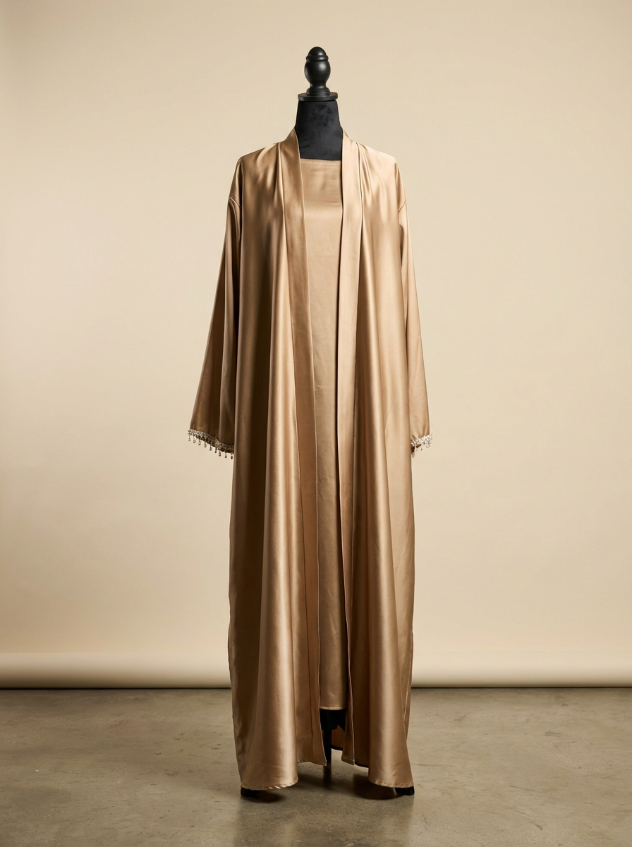 Champagne Gold Satin Open-Front Abaya – Lace Cuff Detail