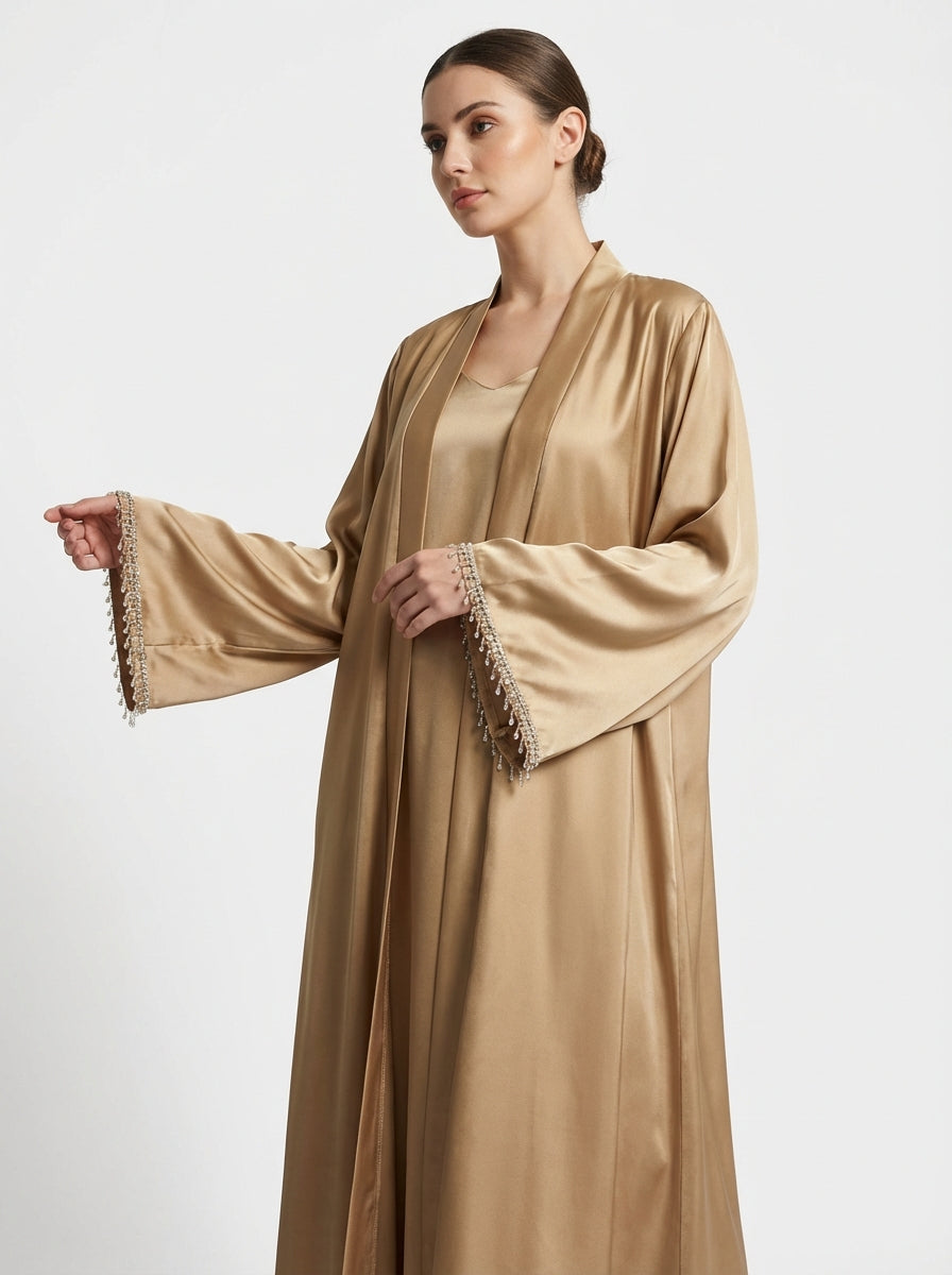 Champagne Gold Satin Open-Front Abaya – Lace Cuff Detail