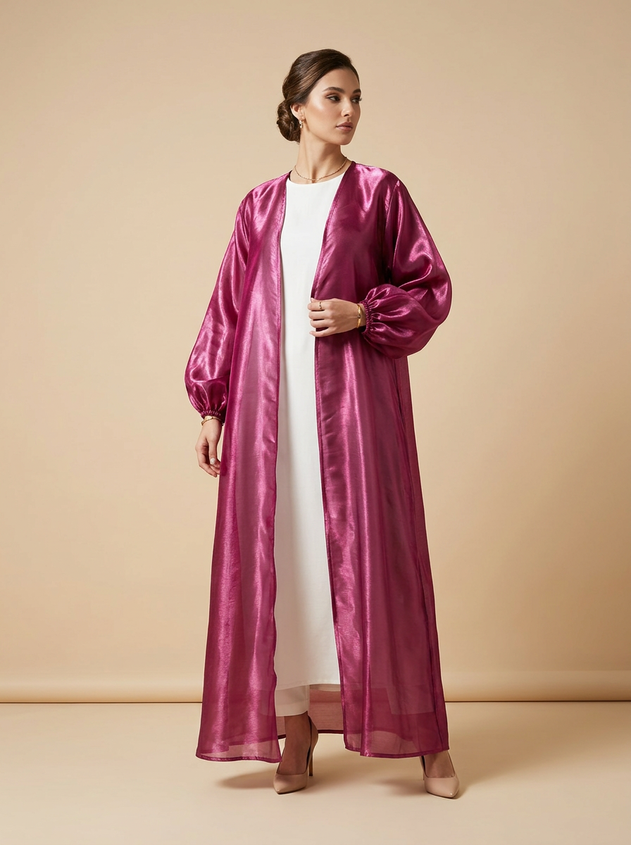 Plum Shiny Organza Open Front Abaya with Balloon Sleeves