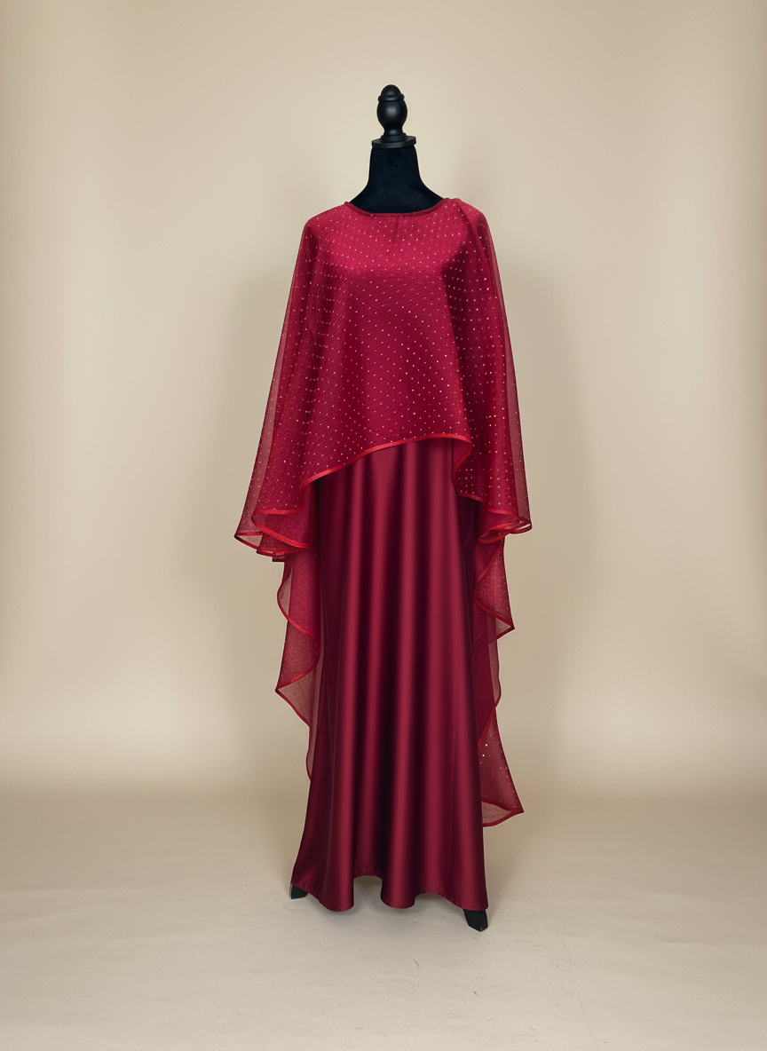 Crimson Shimmer Cape Abaya Set