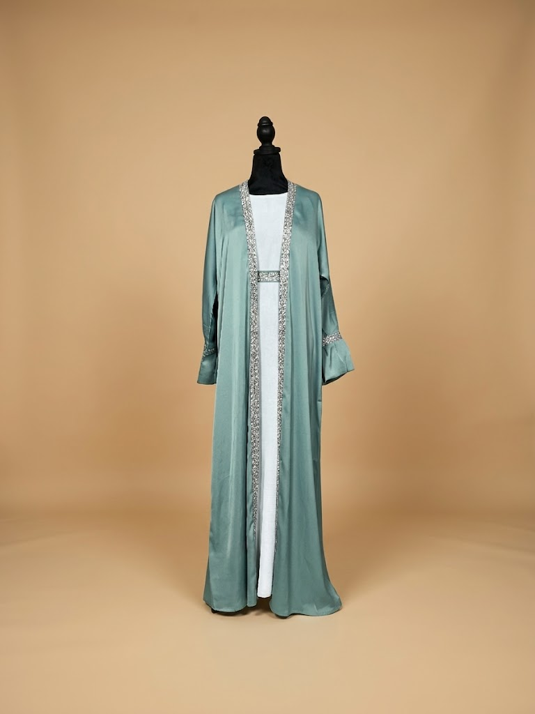 Satin Open Abaya with Embellished Trim