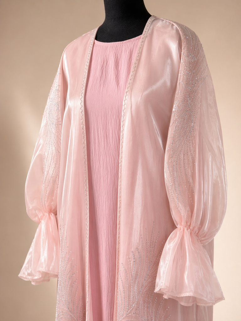 Blush Crystal Embellished Bishop Sleeve Abaya