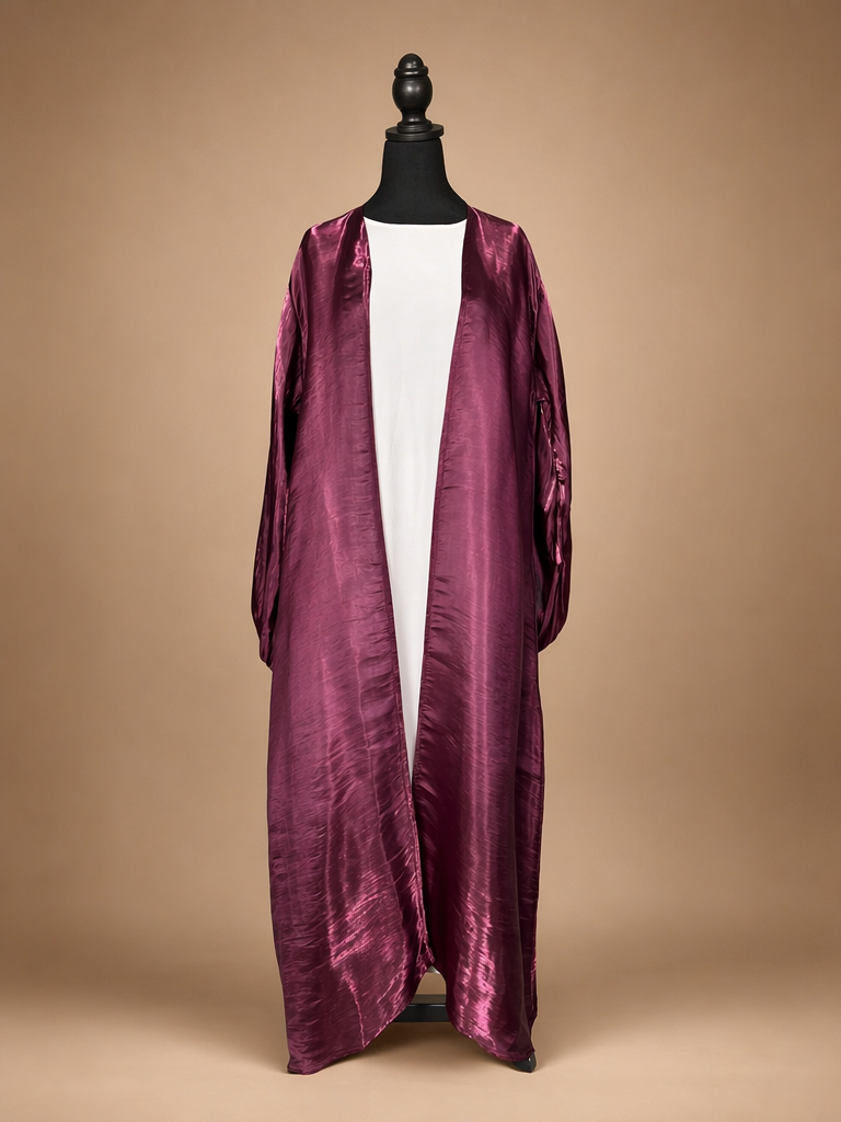 Plum Shiny Organza Open Front Abaya with Balloon Sleeves