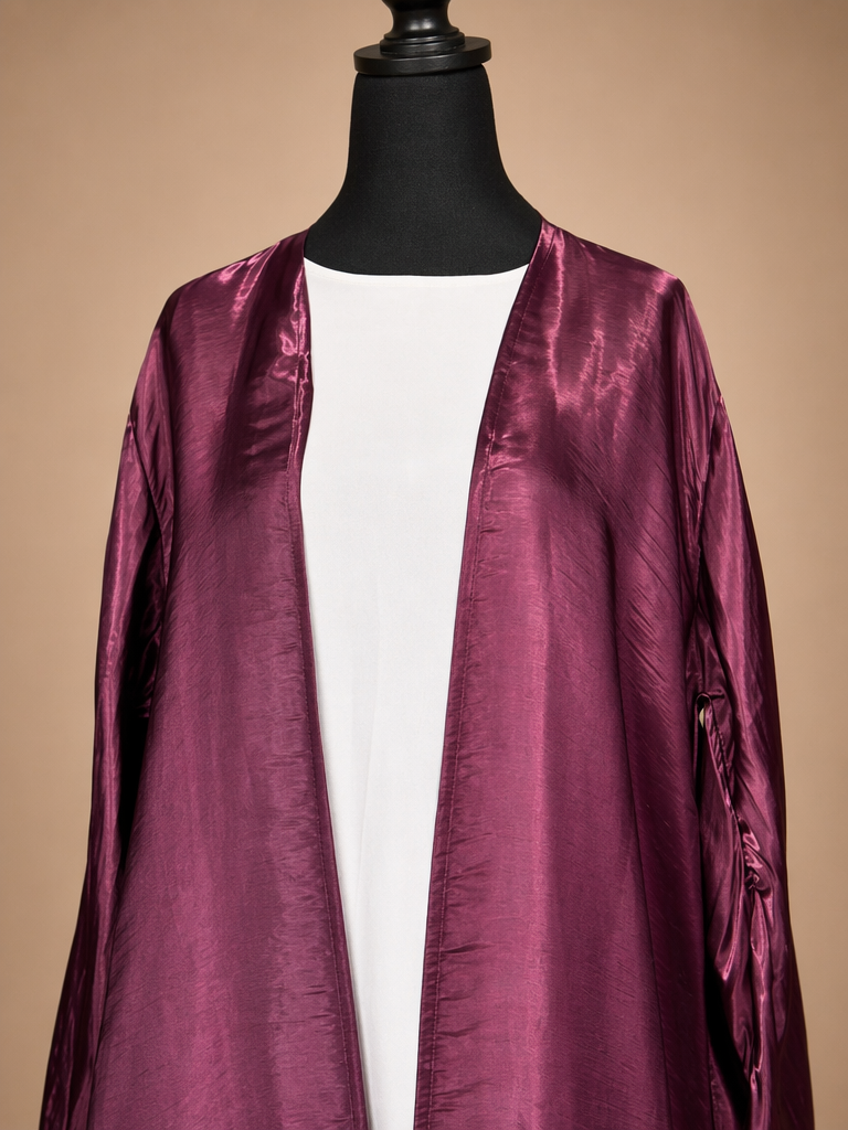 Plum Shiny Organza Open Front Abaya with Balloon Sleeves