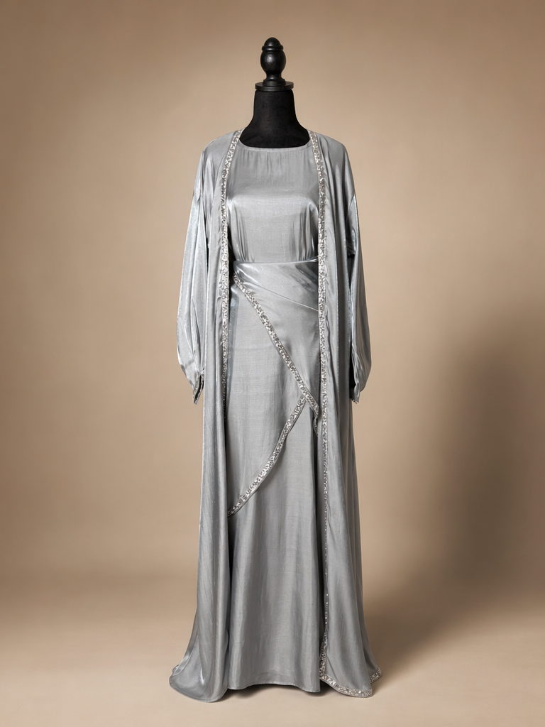 Silver Mist Crystal-Trim Abaya