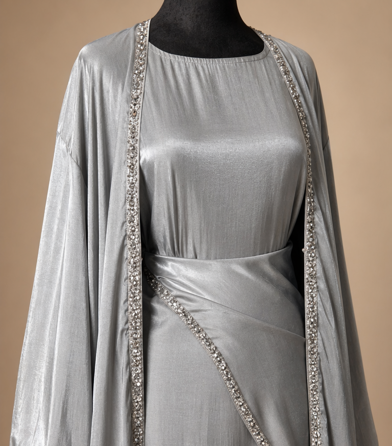Silver Mist Crystal-Trim Abaya