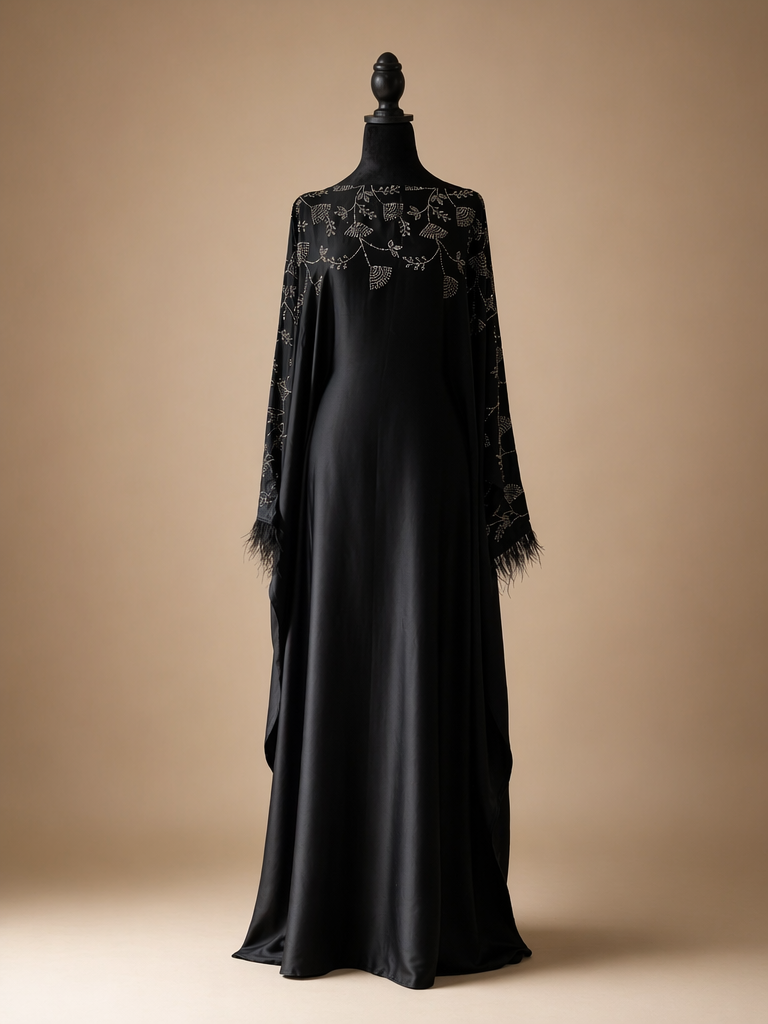 Midnight Noir Kaftan Abaya with Silver Botanical Embellishment & Feather Cuffs