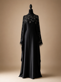 Midnight Noir Kaftan Abaya with Silver Botanical Embellishment & Feather Cuffs