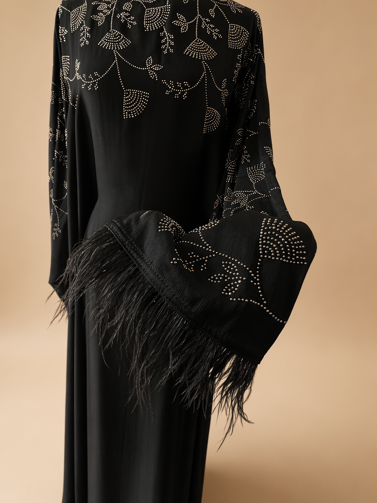 Midnight Noir Kaftan Abaya with Silver Botanical Embellishment & Feather Cuffs