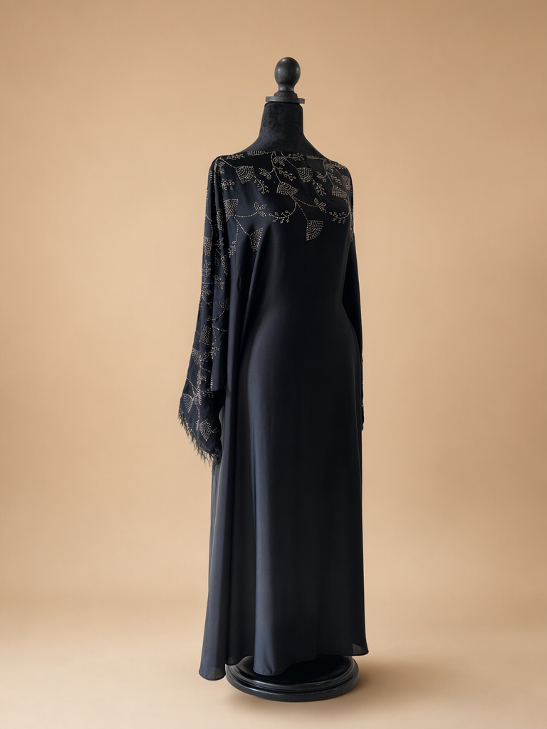 Midnight Noir Kaftan Abaya with Silver Botanical Embellishment & Feather Cuffs
