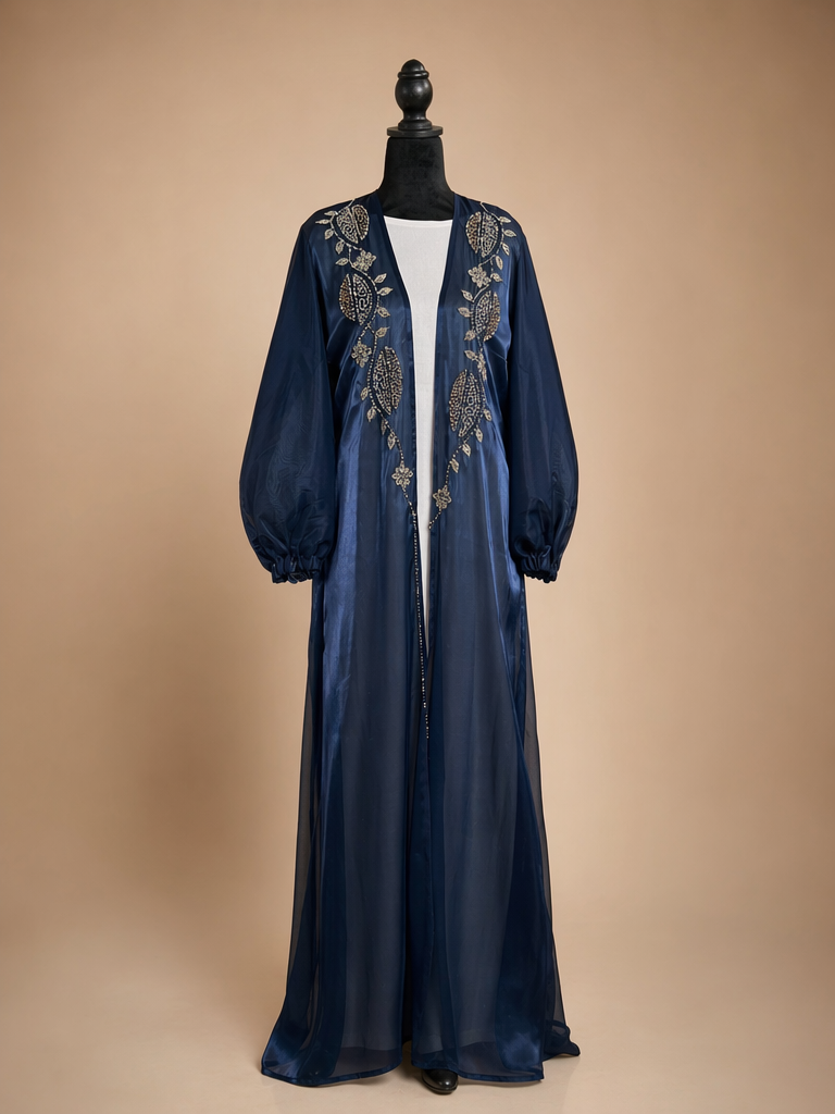 Navy Organza Open-Front Abaya – Crystal Leaf & Floral Handwork