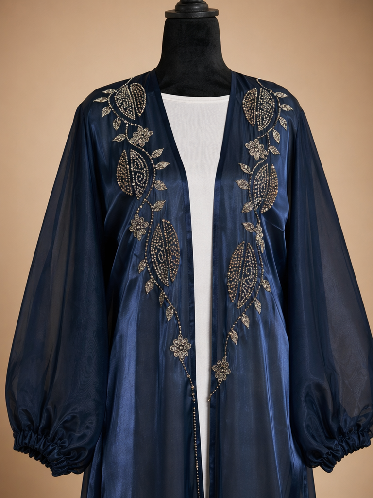 Navy Organza Open-Front Abaya – Crystal Leaf & Floral Handwork