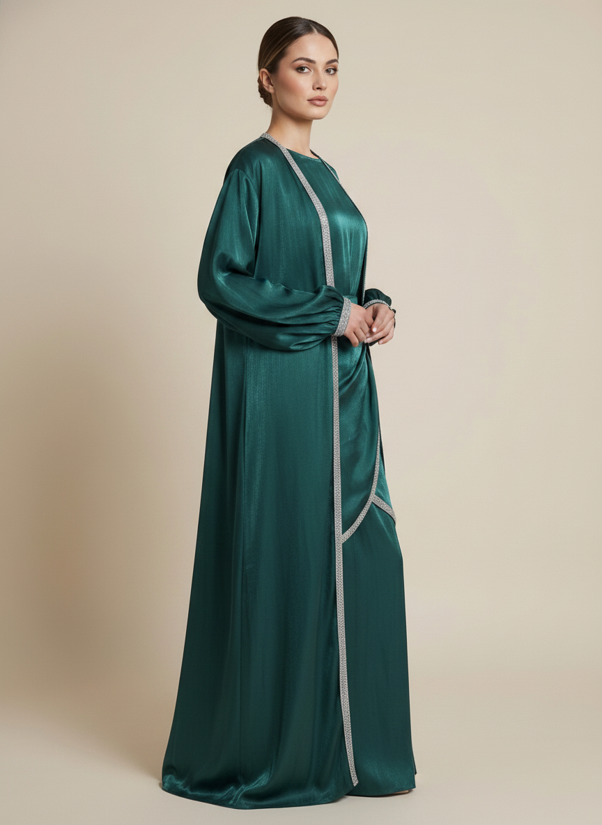 Emerald Shimmer Abaya Set with Crystal Trim