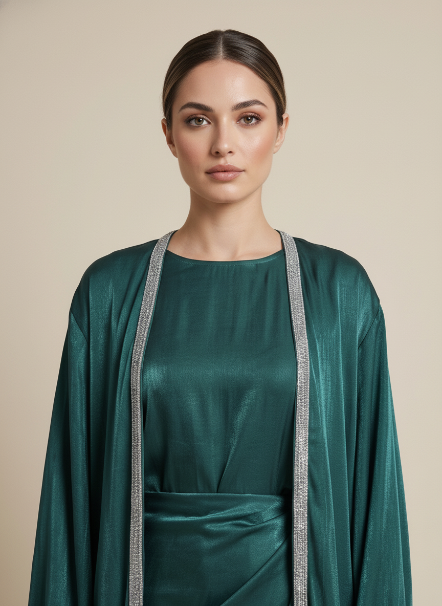Emerald Shimmer Abaya Set with Crystal Trim