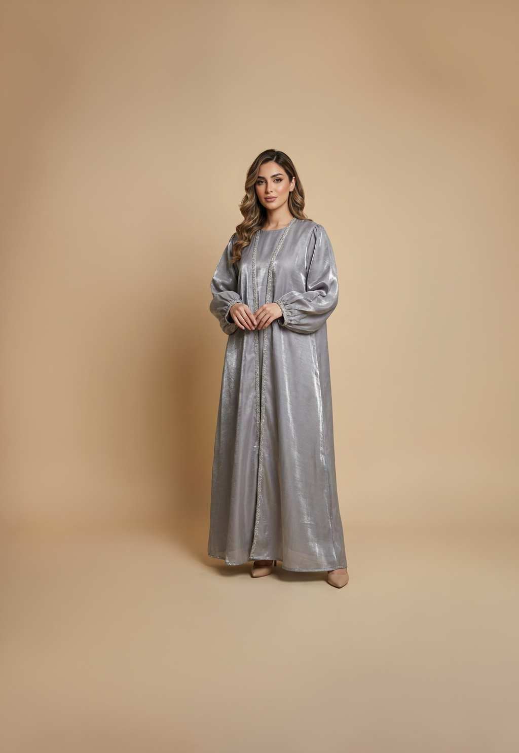 Silver Mist Crystal-Trim Abaya
