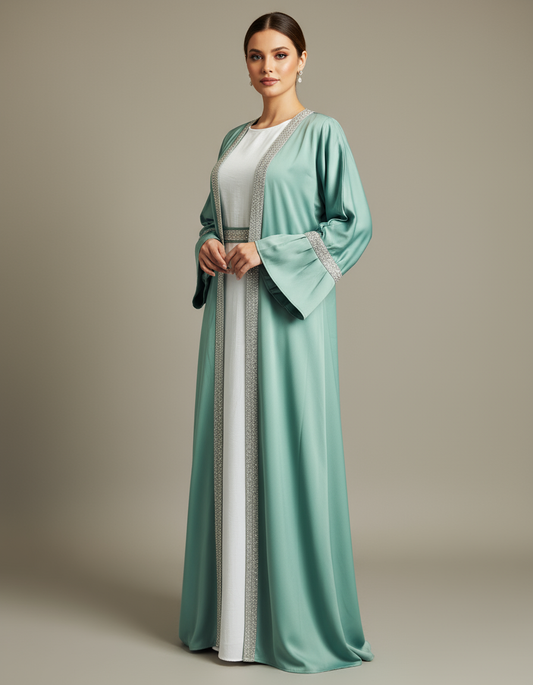 Emerald Grace – 4-Piece Satin Open Abaya Set